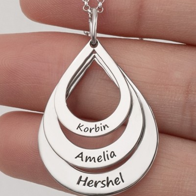 Silver Personalized Engraved Family Names Necklace Up To 5 Drops Shaped