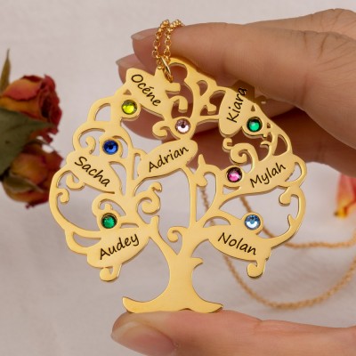 Personalized Family Tree of Life Name Necklace With Birthstone For Mom Christmas's Day