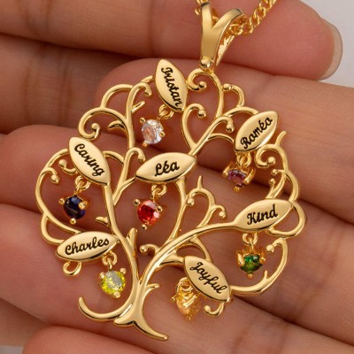 Personalized Family Tree Necklaces With 1-7 Names and Birthstones Family Gift Ideas