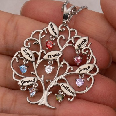 Personalized Family Tree Necklaces With 1-7 Names and Birthstones Family Gift Ideas
