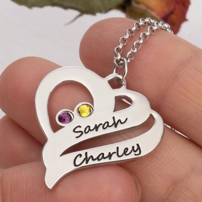 Personalized Heart 2 Names Necklaces With Birthstones For Couple Valentine's Day