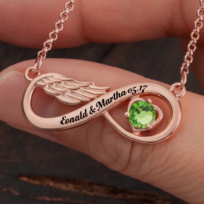 Personalized Name Infinity Angel Wing Necklaces With Birthstone