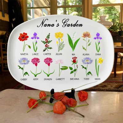 Custom Nana's Garden Platter With Grandchildren's Name and Birth Flower For Mother's Christmas Day