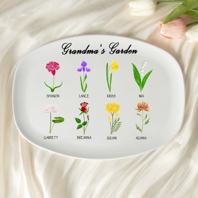 Grandma's Garden Plate Personalized Birth Month Flower Platter With Grandchildren's Name For Mother's Christmas Day