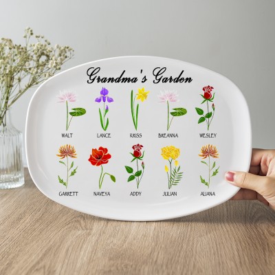 Personalized Birth Month Flower Platter With Grandchildren Name Grandma's Garden For Mother's Day