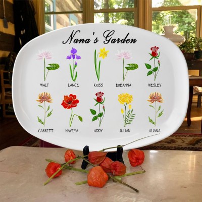 Custom Grandma's Garden Platter With Grandkids Name and Birth Flower For Mother's Day