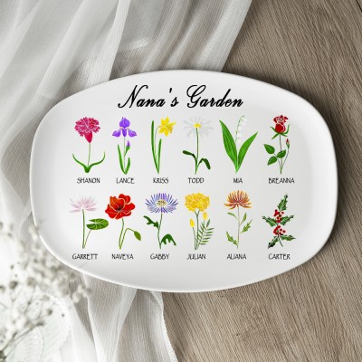 Personalized Birth Month Flower Platter With Grandchildren's Name Nana's Garden For Mother's Day