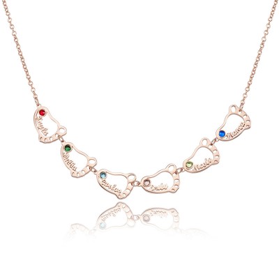 Personalized 1-8 Hollow Baby Feet Engravable Family Name Necklace With Birthstone