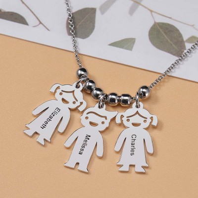 Silver Personalized Engraved Name Necklaces With 1-10 Children Kids Charms