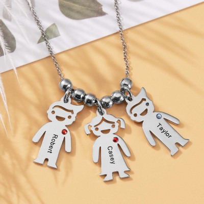 Silver Personalized Family 1-10 Kids Charms Name Engraved Necklace With Birthstone