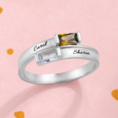 S925 Silver Double Baguette Bypass Name Birthstone Ring