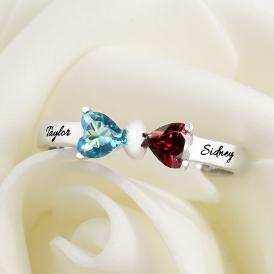 Personalized 2 Names Birthstone Bow Ring