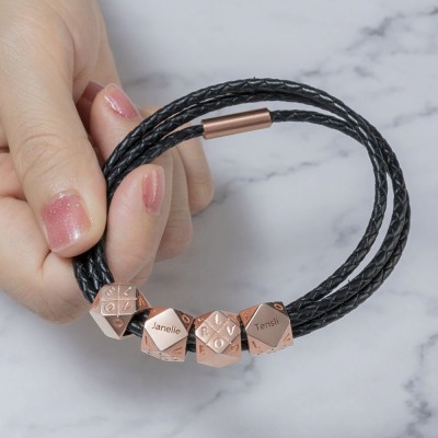 Father's Day Gift Men's Braided Leather Bracelet With Polyhedral Custom Beads