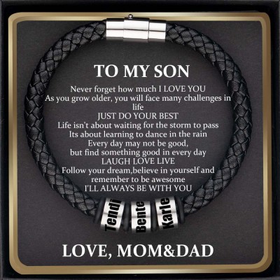Custom To My Son Black Bead Bracelet with Name Engraved Gift From Dad Mom