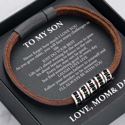 To My Son Custom Leather Beaded Name Bracelet From Dad Gift