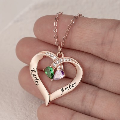 Personalized Couple Names Heart Necklace With Birthstones Valentine's Day Gifts