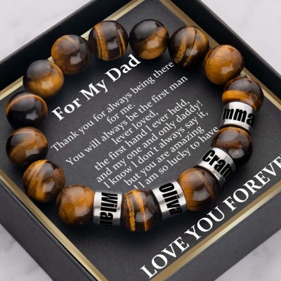 Custom To My Dad Tiger Eye Healing Beads Bracelet With Kids Name For Father's Day