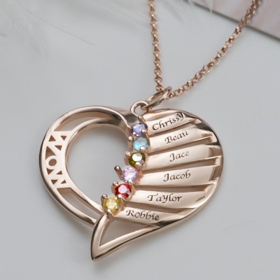 Personalized Heart Love Shape 1-6 Engraved Name Necklace With Birthstone