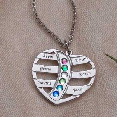 Personalized Heart Love Shape Engraved 1-6 Birthstone and Name Necklace