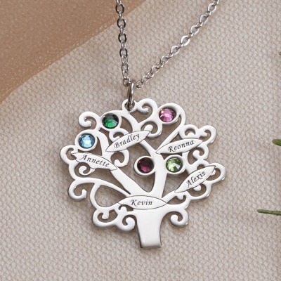 Personalized Tree-Design Family Necklace With 1-6 Names And Birthstones