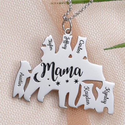 Silver Personalized Mama Bear Necklace 1-8 Names For Mother's Day Gift