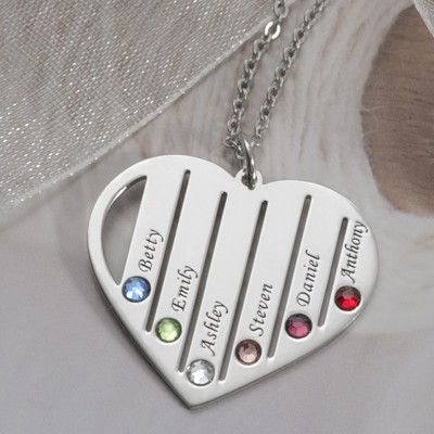 Silver Personalized Family Engraved 1-7 Birthstones and Name Necklace