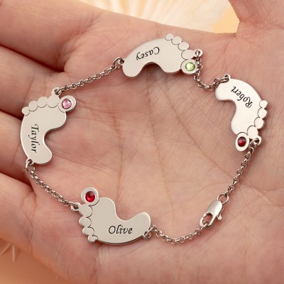 Personalized Birthstone Baby Feet Name Bracelet with 1-4 Charms
