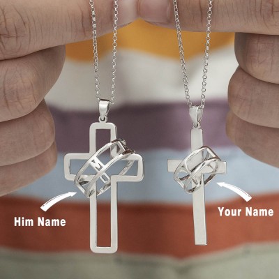 Personalised Couple Symbol of Faith Cross Necklace with Halo Name Engraved Ring Two Necklaces