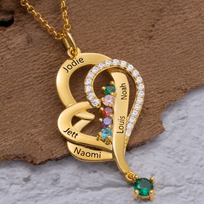 Custom Heart Necklace With 5 Names and Birthstones For Mother's Day Christmas Birthday Gift Ideas