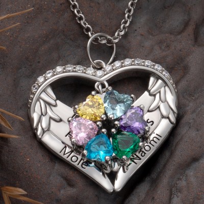 Custom 1-6 Names and Birthstone Angel Wings Heart Necklace