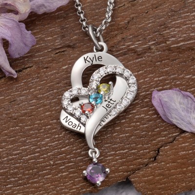 Custom Heart Necklace With 3 Names and Birthstones For Mother's Day Christmas Birthday Gift Ideas
