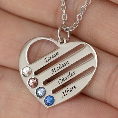 Personalized Heart Engraved Name Necklaces With 1-4 Birthstones