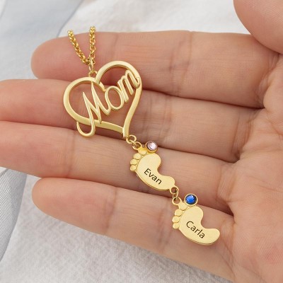 Personalized MOM Heart Baby Feet Pendant Birthstone Name Necklace with 1-10 Charms