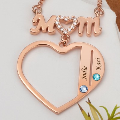 Custom Mom Heart Necklace With Kids Name and Birthstone For Mother's Day Christmas Birthday Gift Ideas