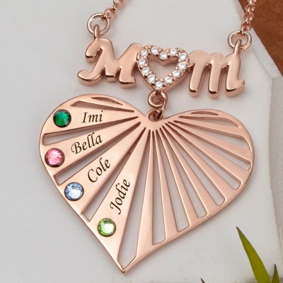 Custom Mom Heart Necklace With Kids Name and Birthstone For Mother's Day Christmas Birthday