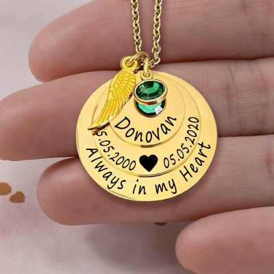 Personalized Engraved Always in my Heart Memorial Gold Necklace With Birthstone