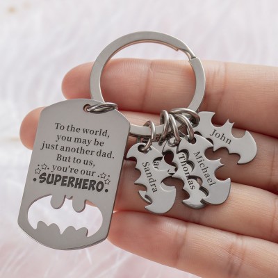 Custom Batman Keychain With1-12 Names Engraved Father's Day Gift To the World You Are Just a Dad But To Us You Are a Superhero