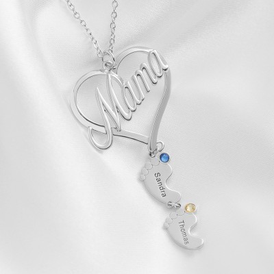 Silver Personalized Mama Heart Baby Feet Pendant Birthstone Name Necklace with 1-10 Charms