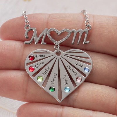 Personalized 1-8 Engraving Family Name Mom Heart Necklace With Birthstone Christmas Gift