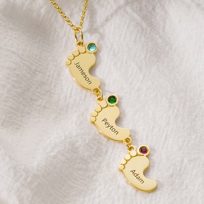 Vertical Baby Feet Charms Personalized 1-10 Names Necklace with Birthstones