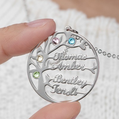Silver Personalized Tree-Design Family Tree Name Necklace With Birthstone