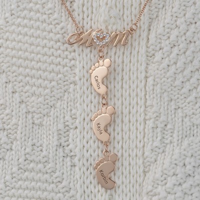 Personalized MoM Heart Engraved Name Necklaces With 1-10 Baby Feet Charms