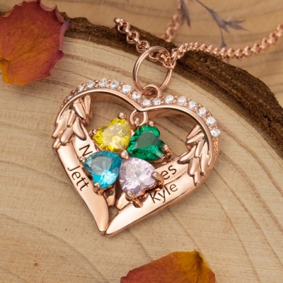 Custom 1-6 Names and Birthstone Angel Wings Heart Necklace
