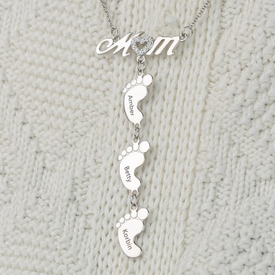 Silver Personalized MoM Heart Engraved Name Necklaces With 1-10 Baby Feet Charms