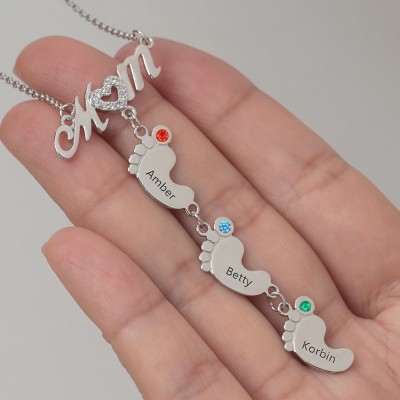 Silver Personalized BabyFeet Mom Name Necklace With Birthstones 1-10 Charms Pendants