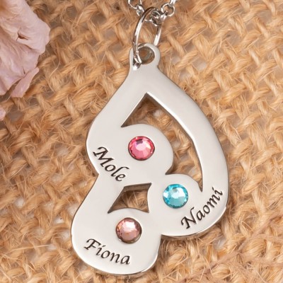 Personalized Engraved Family Pendant Necklace with 3 Names and Birthstones For Mother's Day Christmas