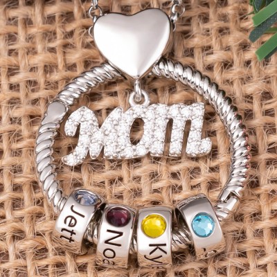Personalized Circle Pendant Mom Necklace with Engraved Name and Birthstone Beads For Christmas Mother's Day