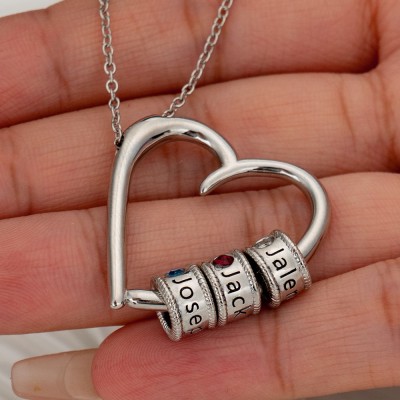 Silver Personalized Charming Heart Necklace with Engraved Name Beads For Mom
