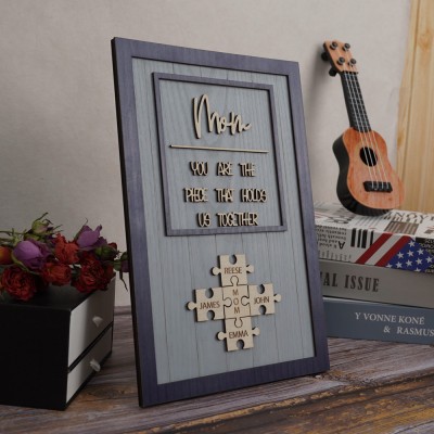 Mom Puzzle Pieces Personalized Engraved Wood Sign Home Wall Decor For Mothers Day Gift