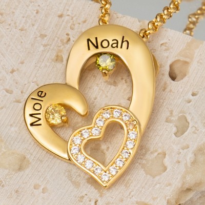 Personalized Heart Necklaces With 2 Name and Birthstone For Soulmate Girlfriend Valentine's Day Gift Ideas